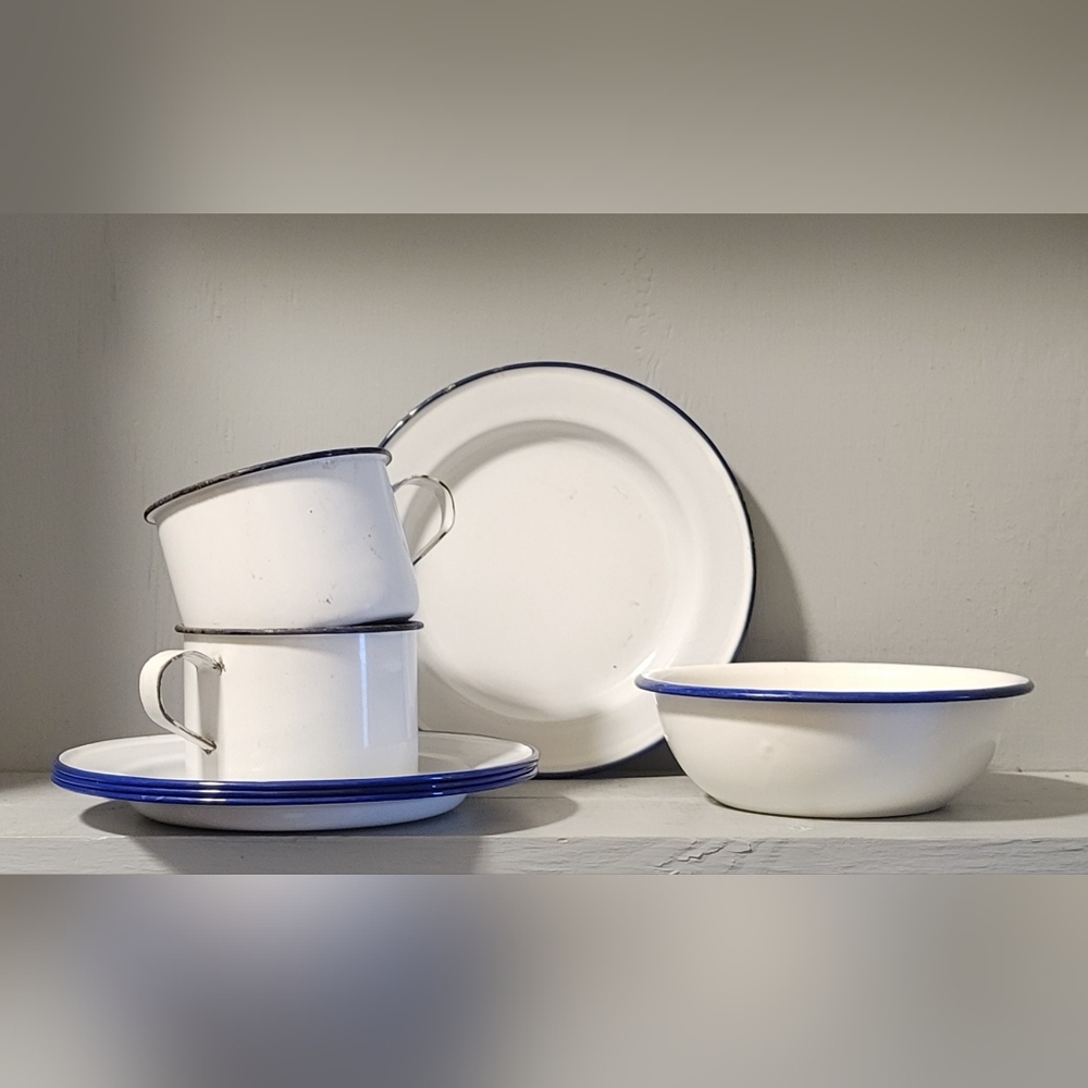 Vintage White And Blue Metal Enamelware Bundle